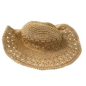 Aerie Straw Crochet Floppy Sun Hat One Size Tan Natural Beachy Vacation Summer